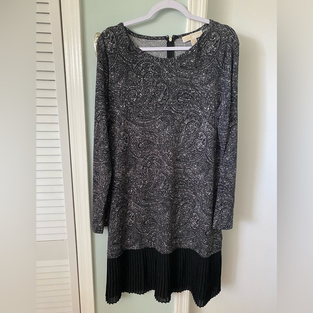 Michael Kora black and white patterned dress with black pleated bottom
